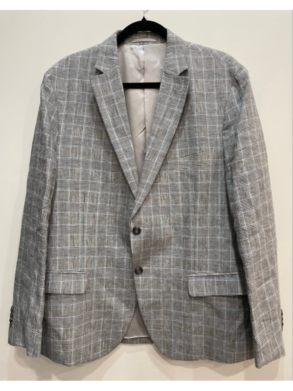 Gruppo Stars Men's Check Plaid Linen Blazer 44 Short 2 Button Sport Coat Gray